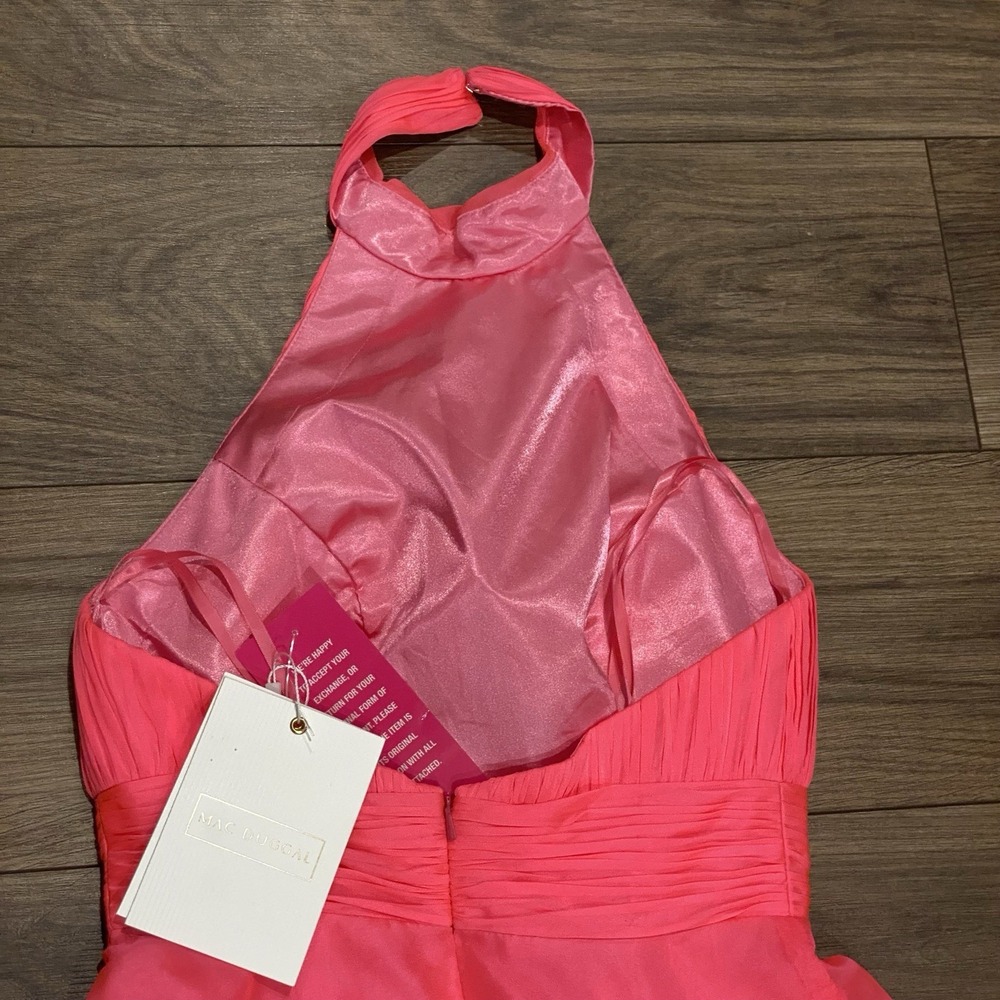 Mac Duggal Hot Pink High Neck Tiered Chiffon Halter Side Slit Gown Size 2 $258 - Picture 7 of 16
